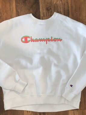 Unisex Champion Fleece Crew Neck Sweatshirt White Logo Pullover Size L Y2K 039